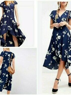 Lost In You Midi Dress Button Up High Low Floral Navy, runs big, Y2K, Boho